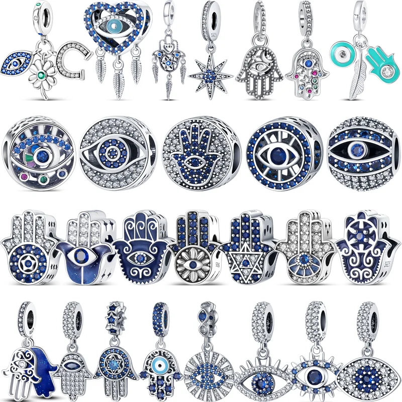 

Fit Pandora Original Charm Bracelet 925 Sterling Silver Beads DIY Jewelry Blue Demon Evil Eye Palm Sparkling Charms Fine Pendant