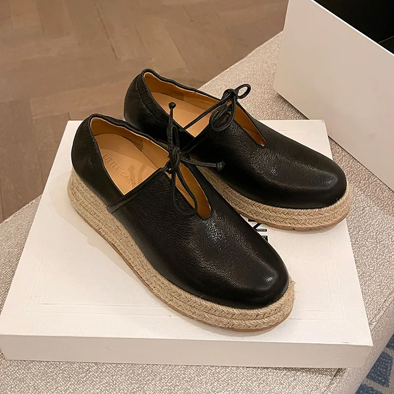 MKKHOU موضة مضخات جديدة عالية الجودة حقيقية أحذية من الجلد حزام القش المنسوجة سميكة سوليد أحذية عالية الكعب المتسكعون حذاء كاجوال #4