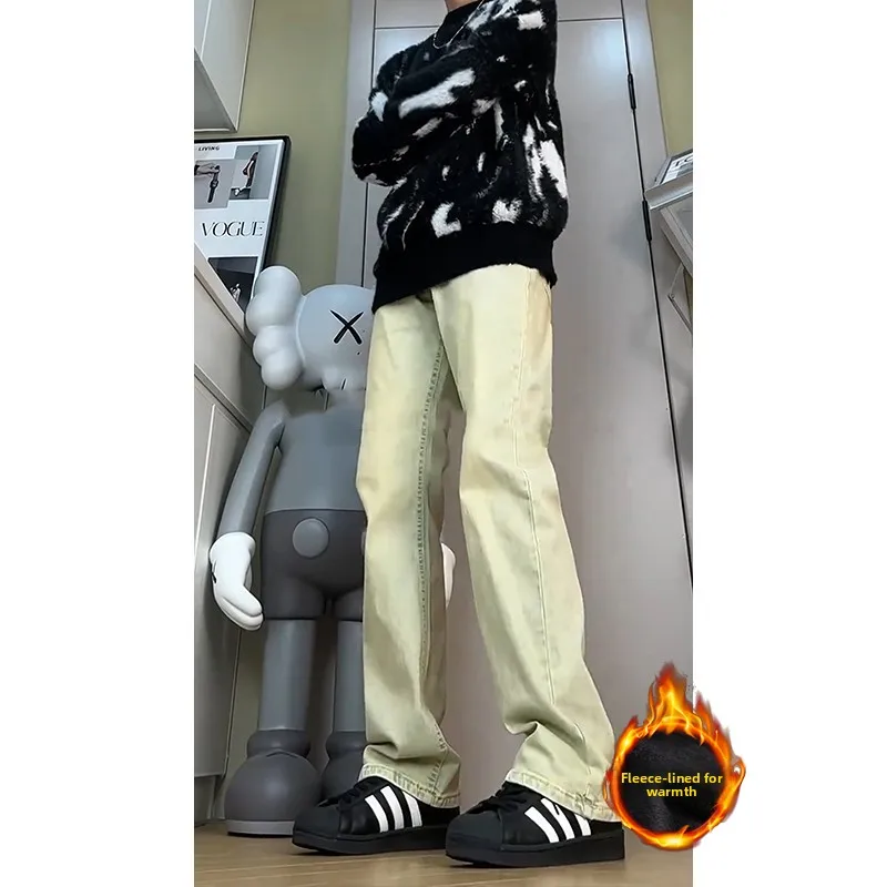 

Мужские джинсы American Sle Fce Lined с флисовой подкладкой, осенне-зимние, удлиненные, прямые, расклешенные, с эффектом похудения