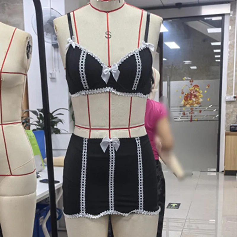 

Женский комплект нижнего белья с кружевной отделкой, декоративные банты, бюстгальтер пуш-ап, топы, юбка-стринги и ажурные чулки, комплект из 4 предметов