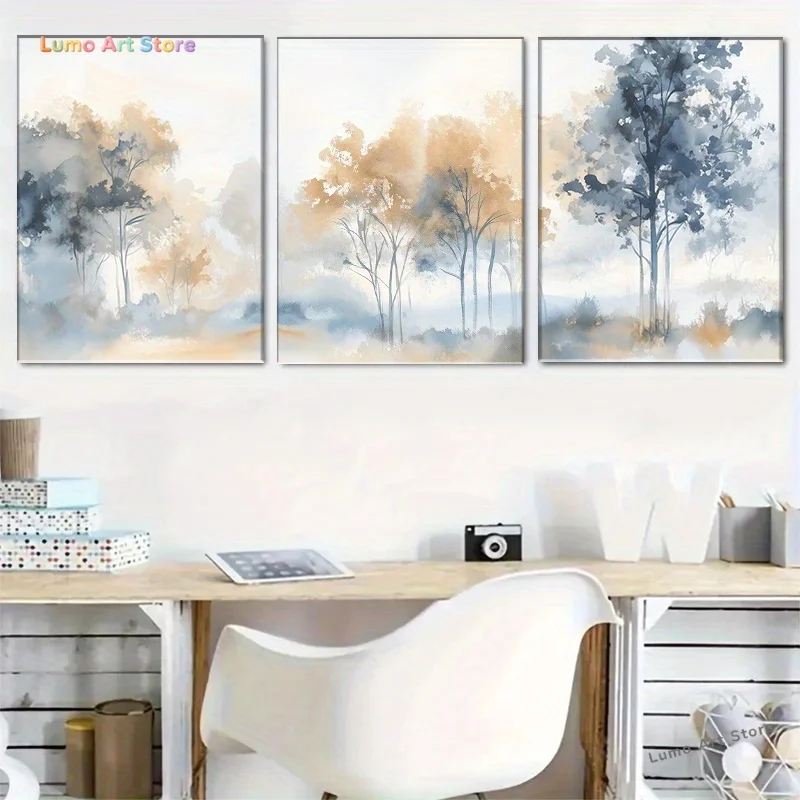 2D Plat, 2D Plat, Ensemble de 3 tableaux sur toile en trois parties : Décoration murale de forêt aquarelle tranquille, essentiel pour décorer votre maison.