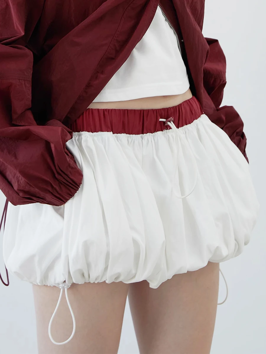 Women Mini Skirt Ruched Bubble Hem Elastic Waist Contrast Color Drawstring Summer Skirt Streetwear for Casual Daily Kawaii Y2K