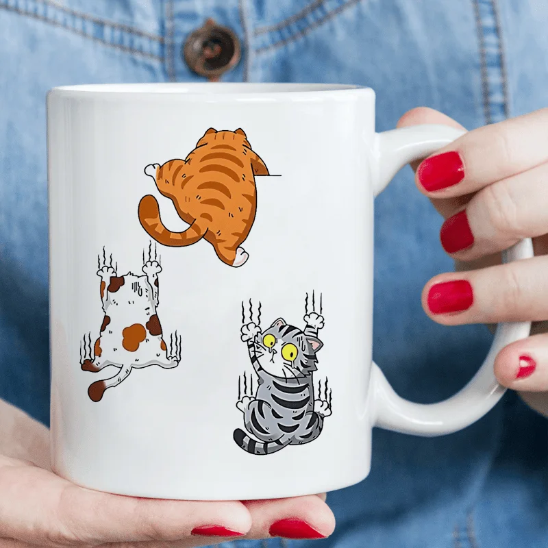 Humorous Cat Scratch Ceramic Coffee Mug - Optimistic Cartoon Cat Design, Insulated and Reusable - Perfect Gift for Cat Powder, H