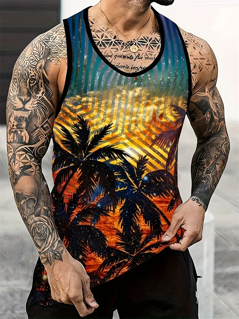 Hawaiian Men's Tank Tops Seaside Vacation Casual Men's Tank Tops Summer Travel Loose Comfort Top Sunset Coconut Tree Print Vest