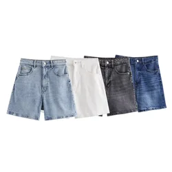 Women's New Chic Fashion Loose Comfortable Casual Side Pocket Denim Shorts Retro High Waist Zipper Women's Shorts Mujer