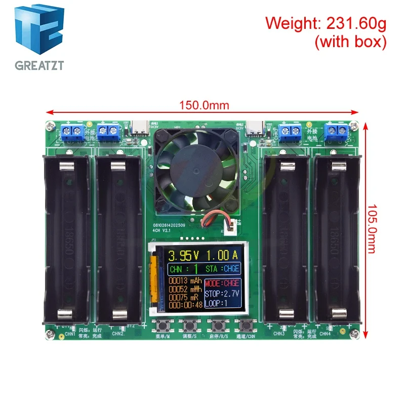 GREATZT 1/2PCS Type-C LCD 4 Channel Display Battery Capacity Tester MAh Lithium Digital Battery Detector Module