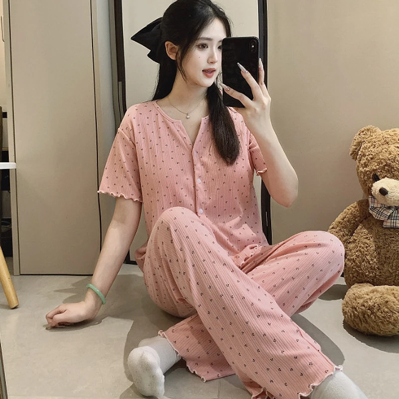 Cotton Fabric Floral Cardigan Printed Pajamas for Women Short-Sleeved Top and Long Pants Sleepwear Homewear Set Ladies Nightwear