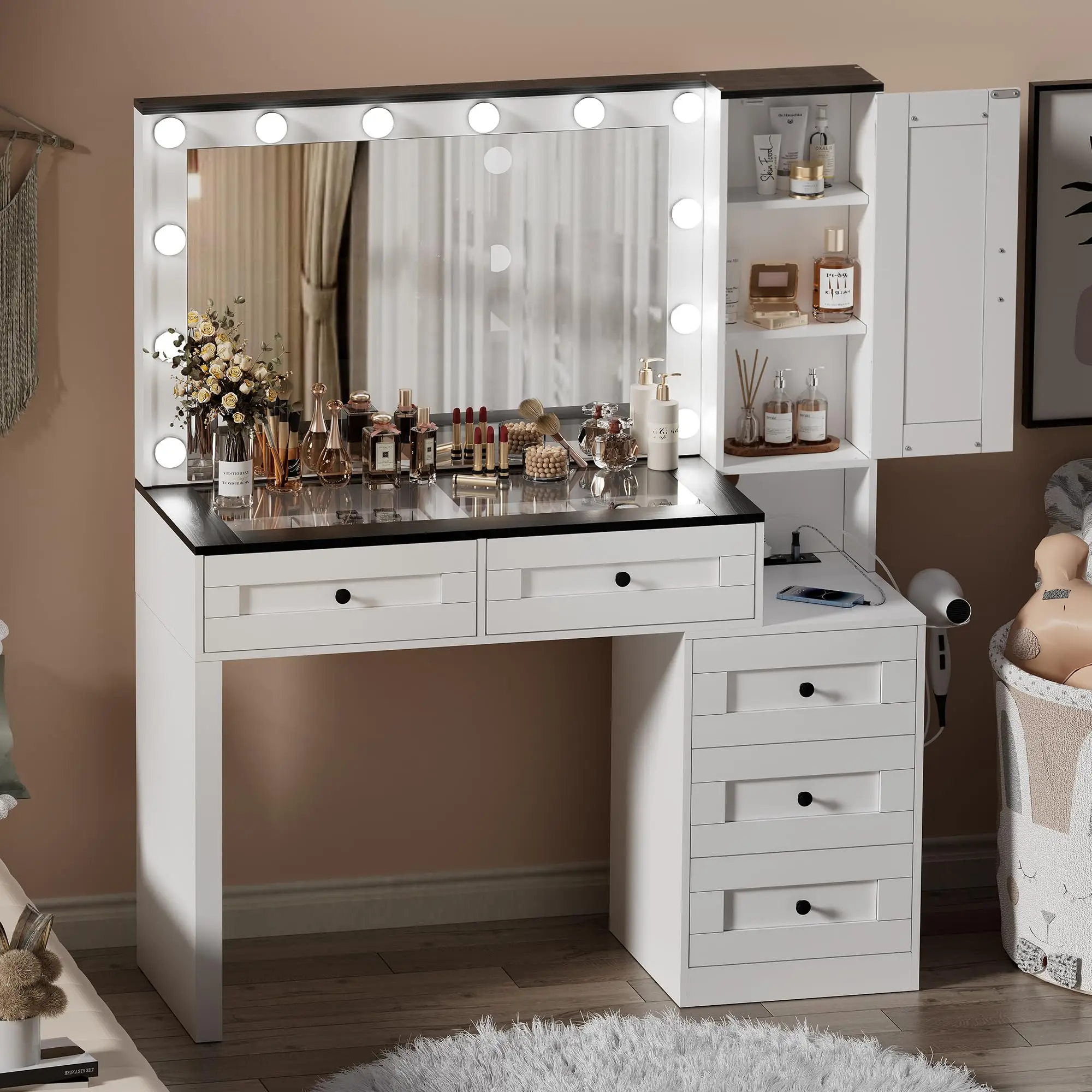 Vanity Makeup Desk with Mirror and Lights, Glass Tabletop Vanity Desk with Drawers, Charging Station, Cabinet, Storage Bench