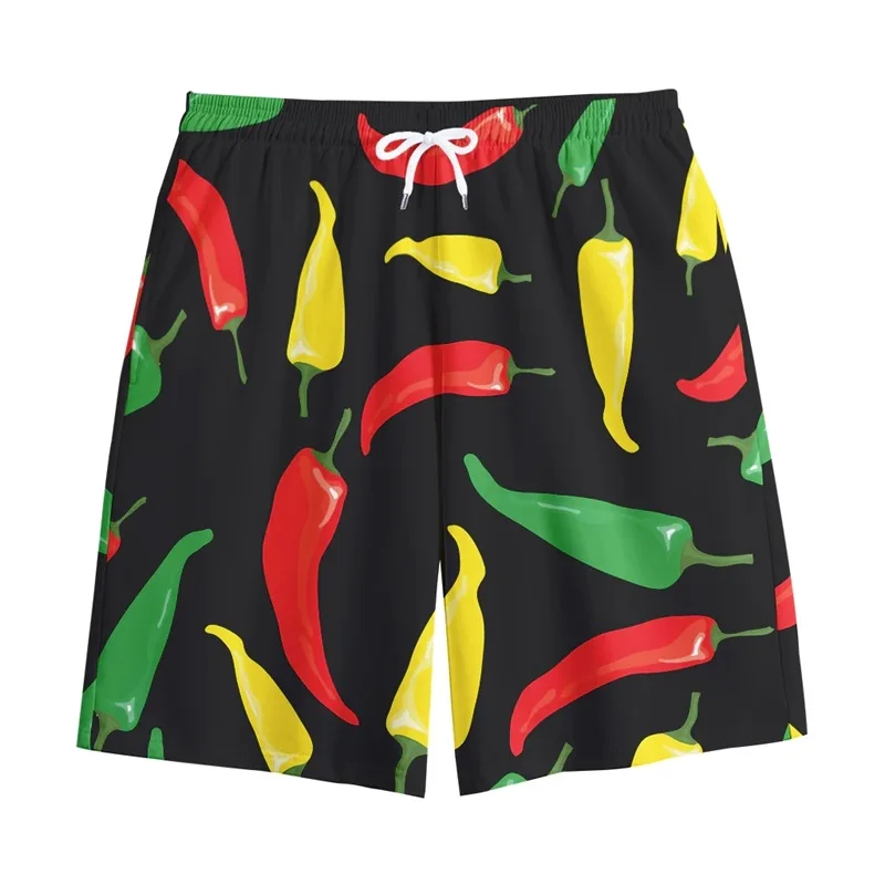 3D Print Chili Fruits Vegetables Graphic Beach Shorts For Men Summer Casual Funny Board Short Pants Mens Plus Size Gym Shorts