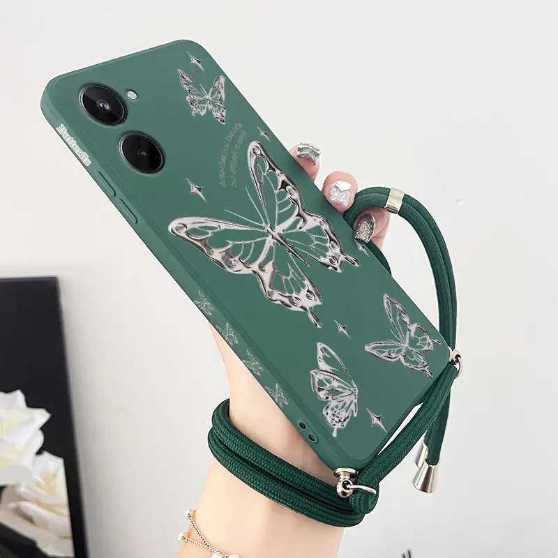 10 Silver Butterfly Lanyard Silicone Phone Case For Realme 10 10Pro 9 8Pro 10ProPlus 12 12X 10T 9Pro C65 C55 C53 C67 C25 Cover