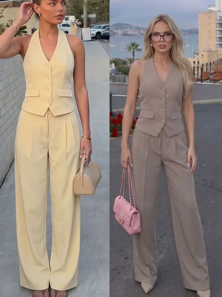 HH Retro Women Halter Neck Button Vest Zip Straight Trousers Set For Woman Vintage Casual High Street Classic Weekend Party Suit