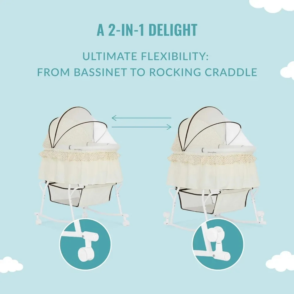 2-in-1 Bassinet & Cradle in Cream, Lightweight Baby Bassinet with Storage Basket, Adjustable and Removable Canopy