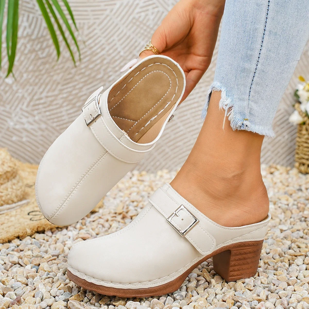 Damen Mules Pantoletten mit hohem Blockabsatz, geschlossene Zehenpartie, Slip-on, Vintage, Sommer, lässig, bequeme Wanderschuhe – Detail 2
