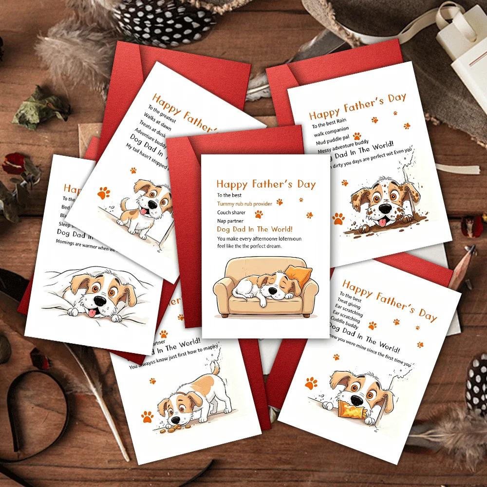

12sets (6 cards+6 red envelopes) Funny Dog Dad Happy Father's Day Greeting Cards, Cute Puppy Cartoon 6 Designs, Dog Owner Pet Da