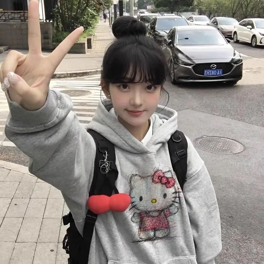 سترة سانريو هالو كيتي بغطاء للرأس بأكمام طويلة للفتيات والخريف والشتاء، سترة كارتونية من القطن الخالص كوالي للطلاب والكلية #1