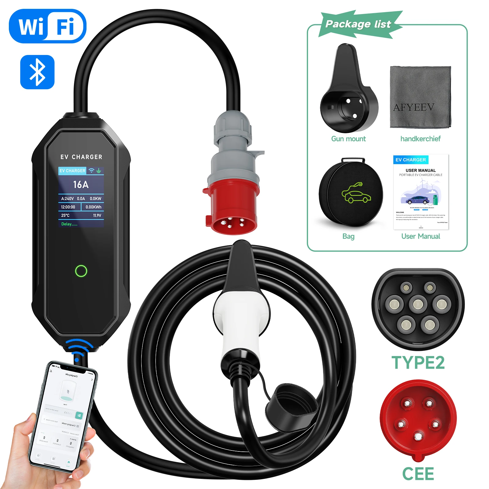 JNTAFEV 11kW Typ 2 EV-Ladegerät 16A 3-Phasen Schnellladegerät mit WLAN-App-Steuerung EVSE-Ladebox CEE-Stecker Fahrzeugzubehör