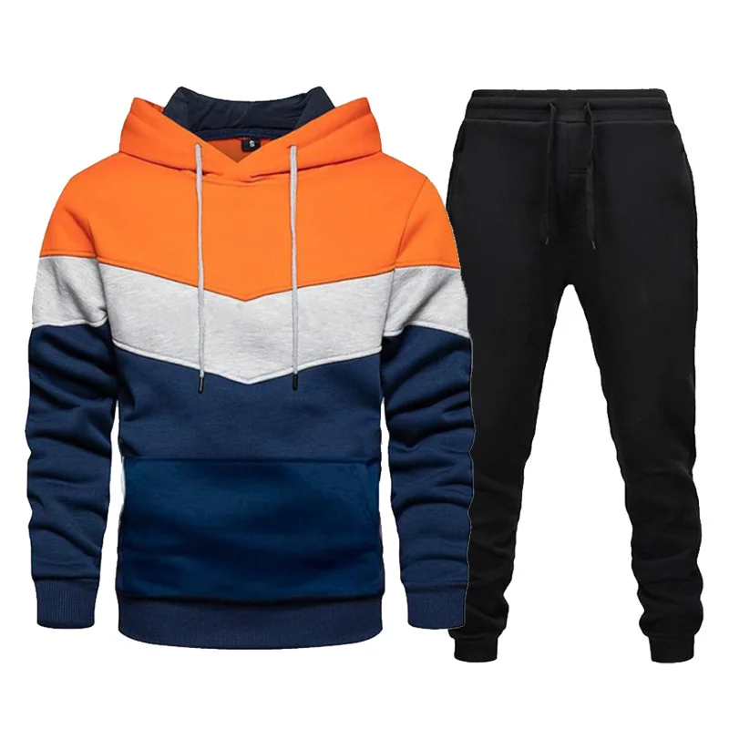 Men\'s Tracksuits Patchwork Hoodie Sweater and Pants 2 Pieces Set Casual Loose Fleece Warm Streetwear Male Fashion Sportswear