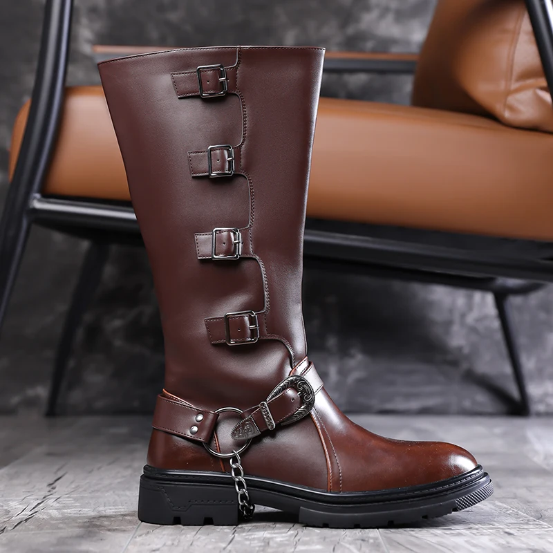large size mens fashion stage nightclub high motorcycle boots black brown genuine leather shoes cowboy long boot western botas