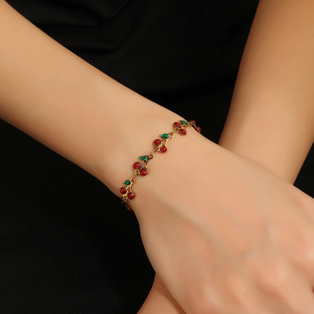 Pulsera S54 Charm Cherry para mujer, pulsera retro bohemia de acero inoxidable para niñas, regalo de joyería de moda para fiestas y días festivos
