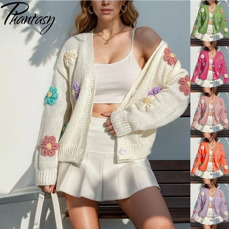 

Phantasy новый вязаный крючком кардиган с 3D цветами, свитер на пуговицах, вязаный кардиган, милый свободный свитер с длинными рукавами, женские стильные вязаные топы