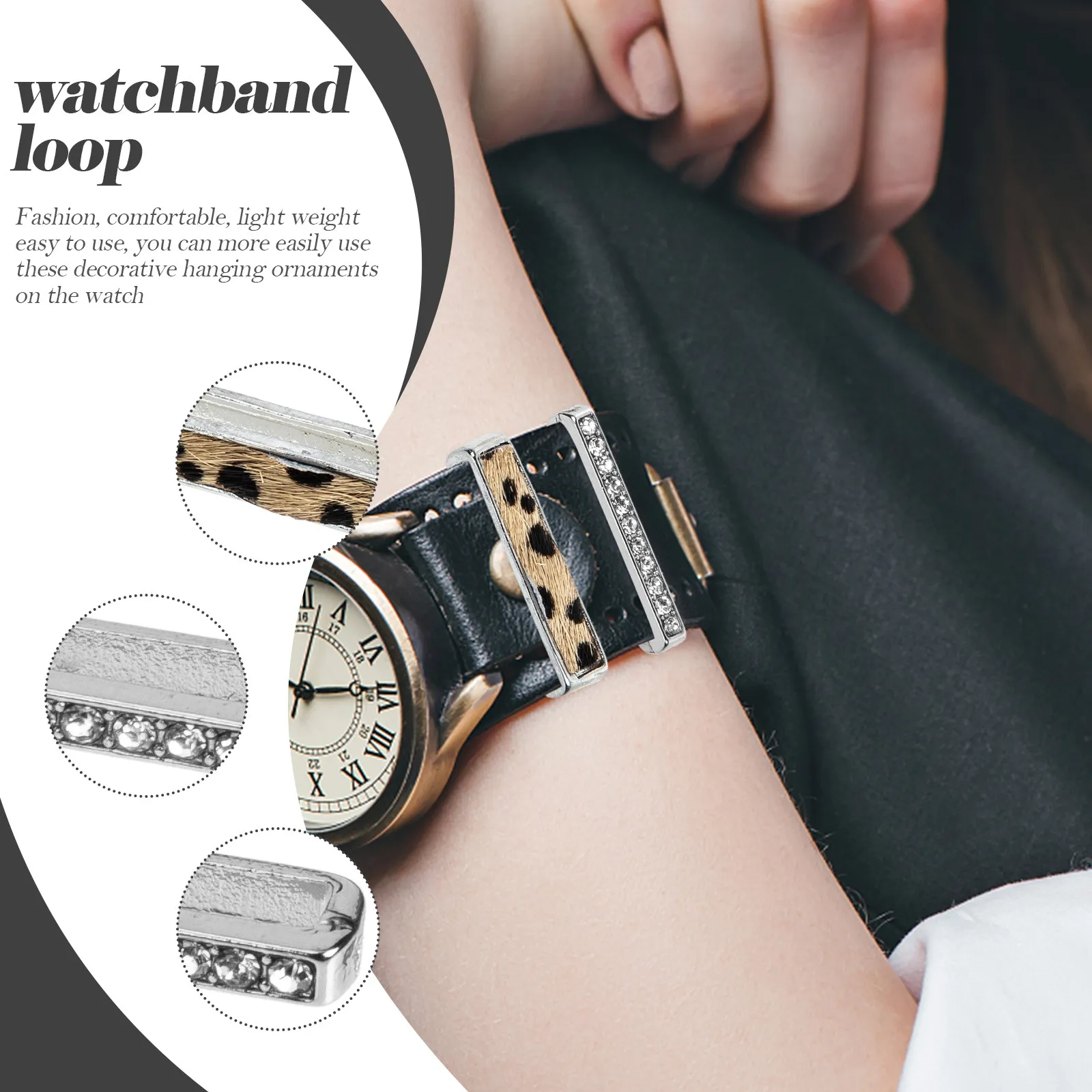 2Sets Watchband Decorative Rings Silicone Band Loops Fine Workmanship Watch Charms Leopard-Print Watchband Decor Strap