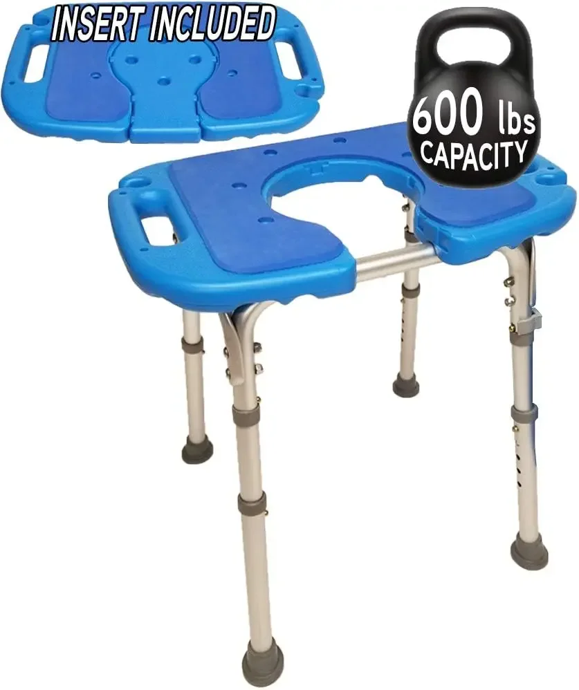 Atlas Deluxe Bariatric Shower/Bath Bench, 600lb. Capacity, Padded with Cutout and Insert. Heavy Duty Shower Chair/Stool with Adj