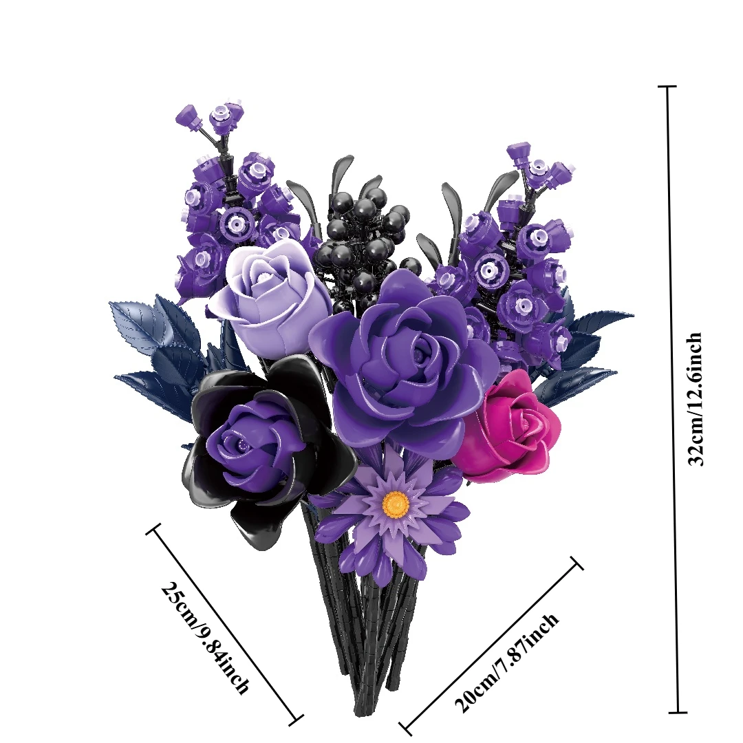 Zestaw do budowania gotyckiego bukietu z fioletowych róż, 822+ elementów |   Zrób to sam: Kompozycja kwiatowa do samodzielnego wykonania, dekoracja domu |   Prezent na Halloween i Boże Narodzenie