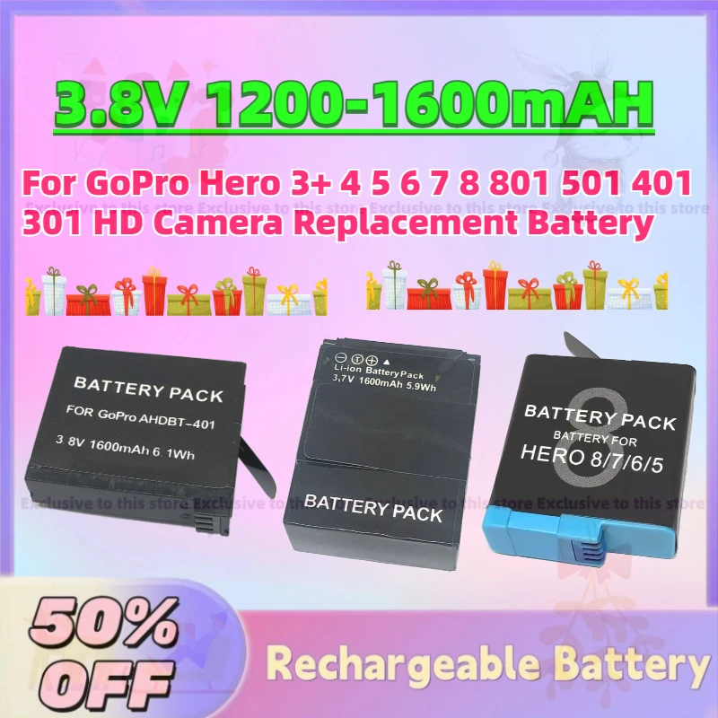 

High-Quality In Stock 3.8V 1200-1600mAH Battery for GoPro Hero 3+ 4 5 6 7 8 801 501 401 301 HD Camera Replacement Battery