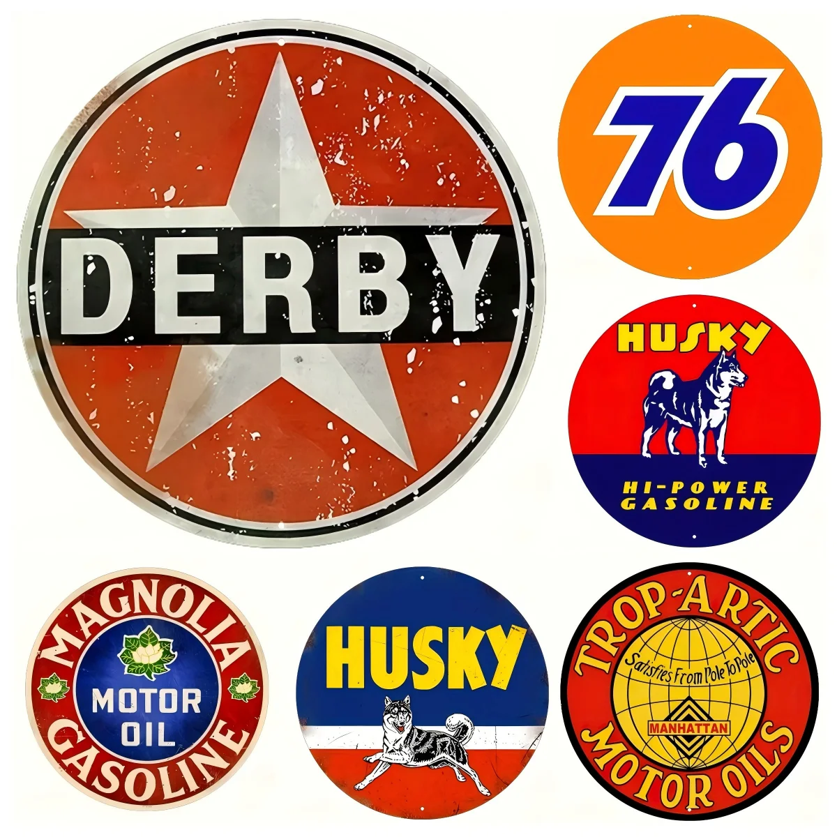 Old-fashioned circular metal emblems, different wall arts, playful iron signs for pubs, cafes, garage spaces.