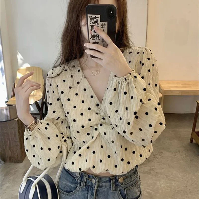 French Style Elegant Fashionable V-neck Popular Bubble Sleeve Shirt Autumn Slim Versatile Casual Sweet Women\'s Long Sleeved Top