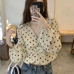 French Style Elegant Fashionable V-neck Popular Bubble Sleeve Shirt Autumn Slim Versatile Casual Sweet Women's Long Sleeved Top