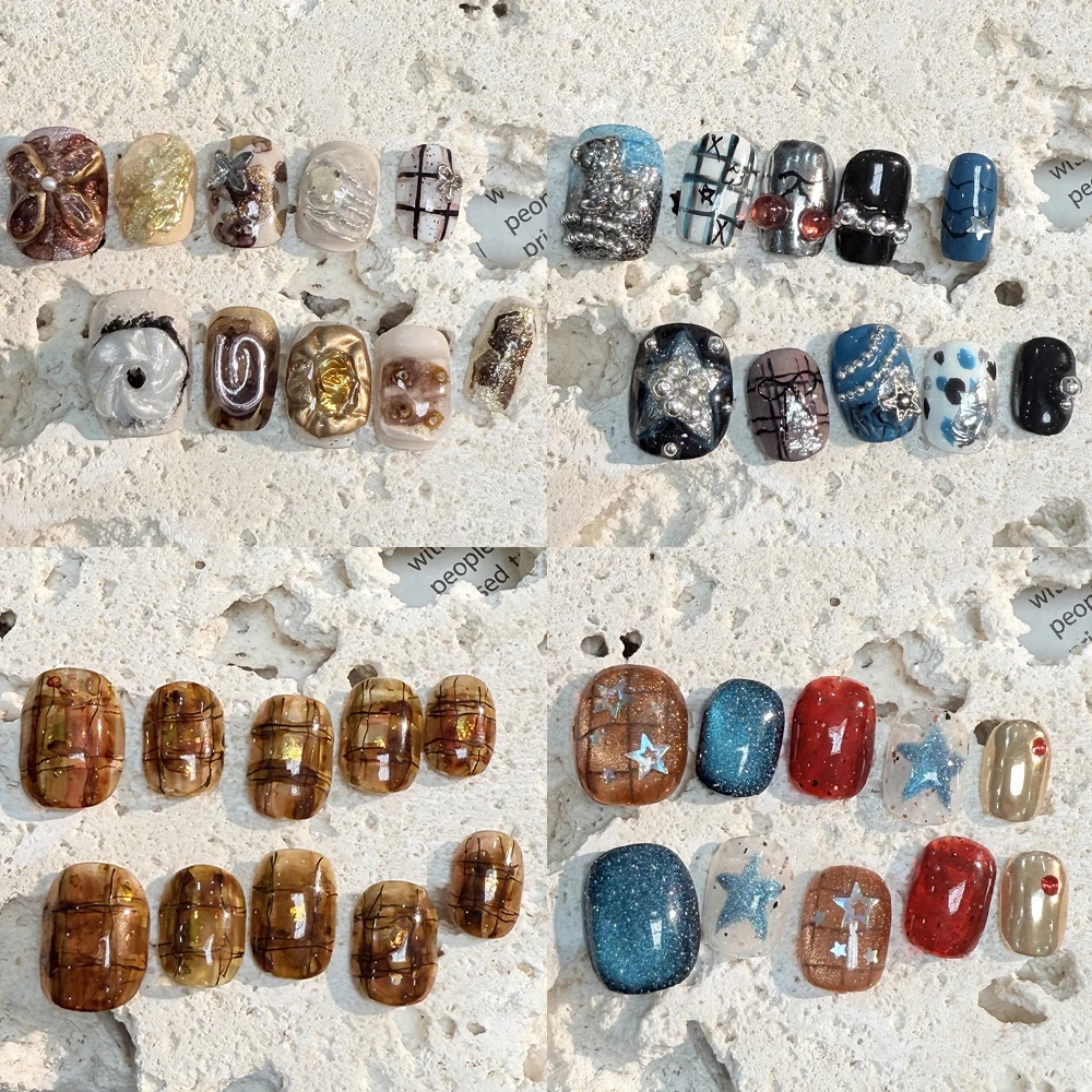 

Light Luxury Vintage Handmade Short Square Round Wearable Press On Nails Cat Eyes Flowers Bowknot Stars Golden Full Cover Nails