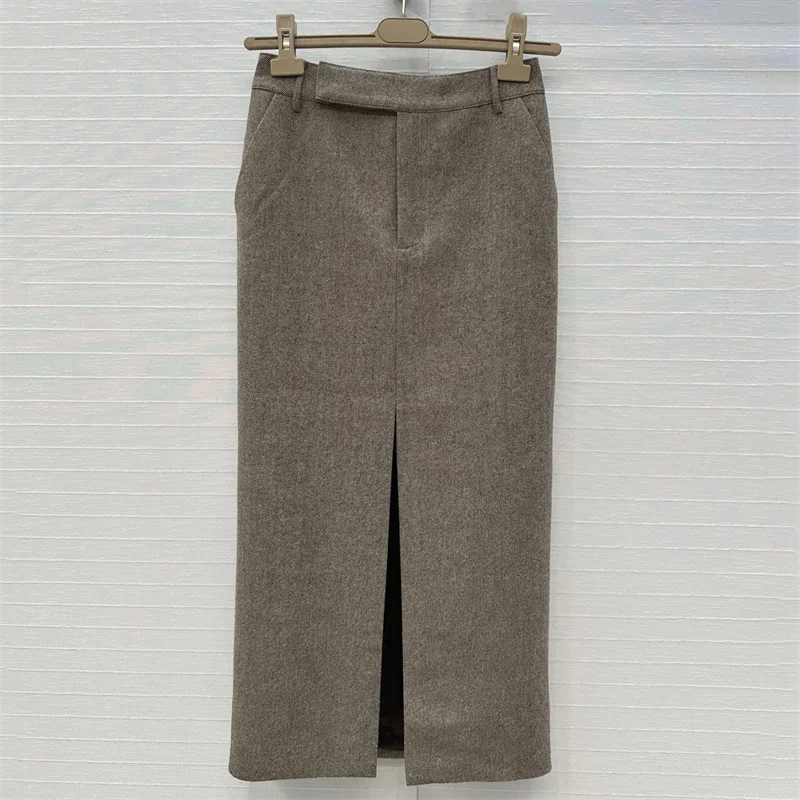 

Women's skirt New high waisted slim fit straight tube skirt for autumn 2025 Wool blend women's half skirt front slit long skirt