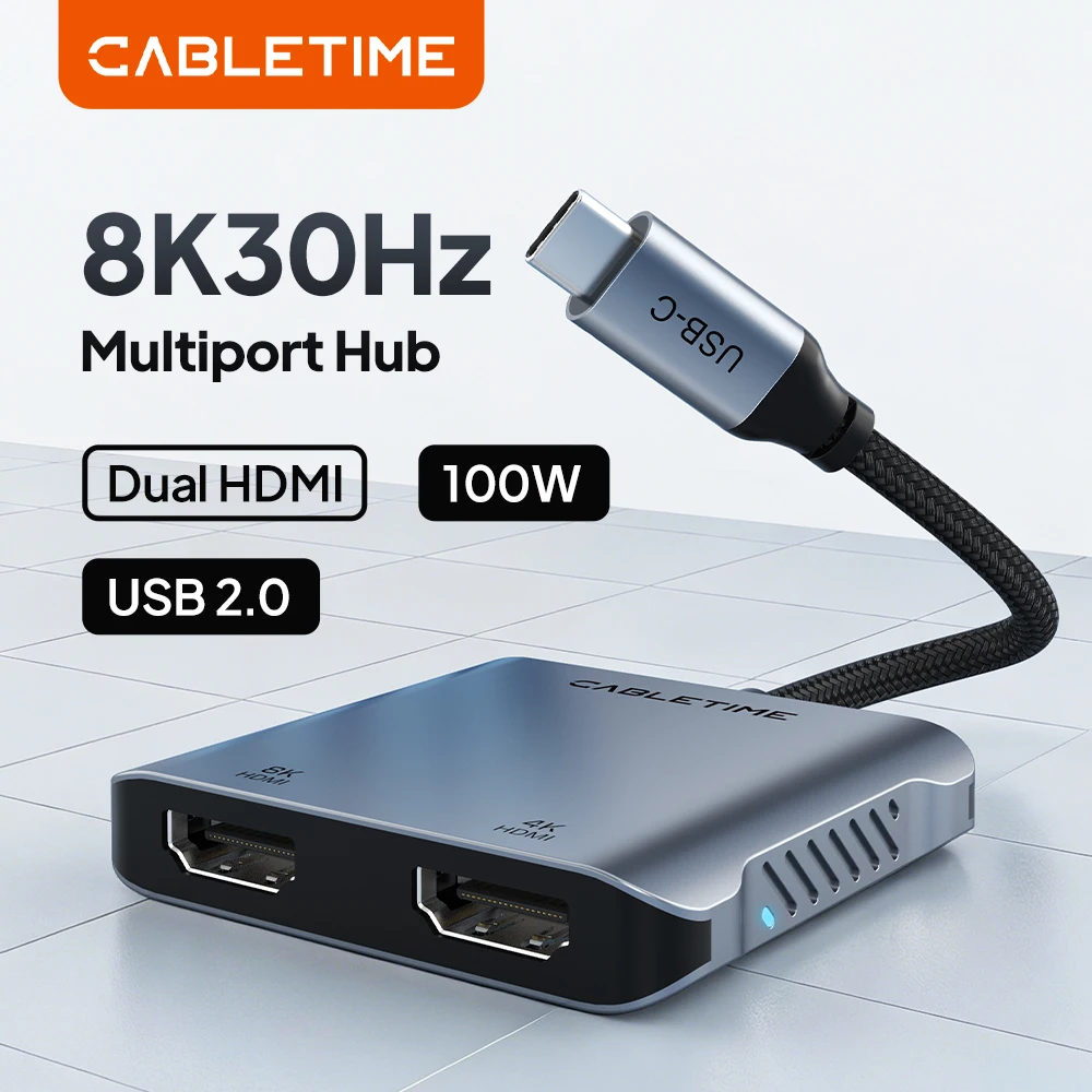 CABLETIME USB C to HDMI Hub MST 4K 8K Type C to Dual HDMI Adapter Splitter Multi Stream PD 100w Dual Display Dock For Mac Laptop
