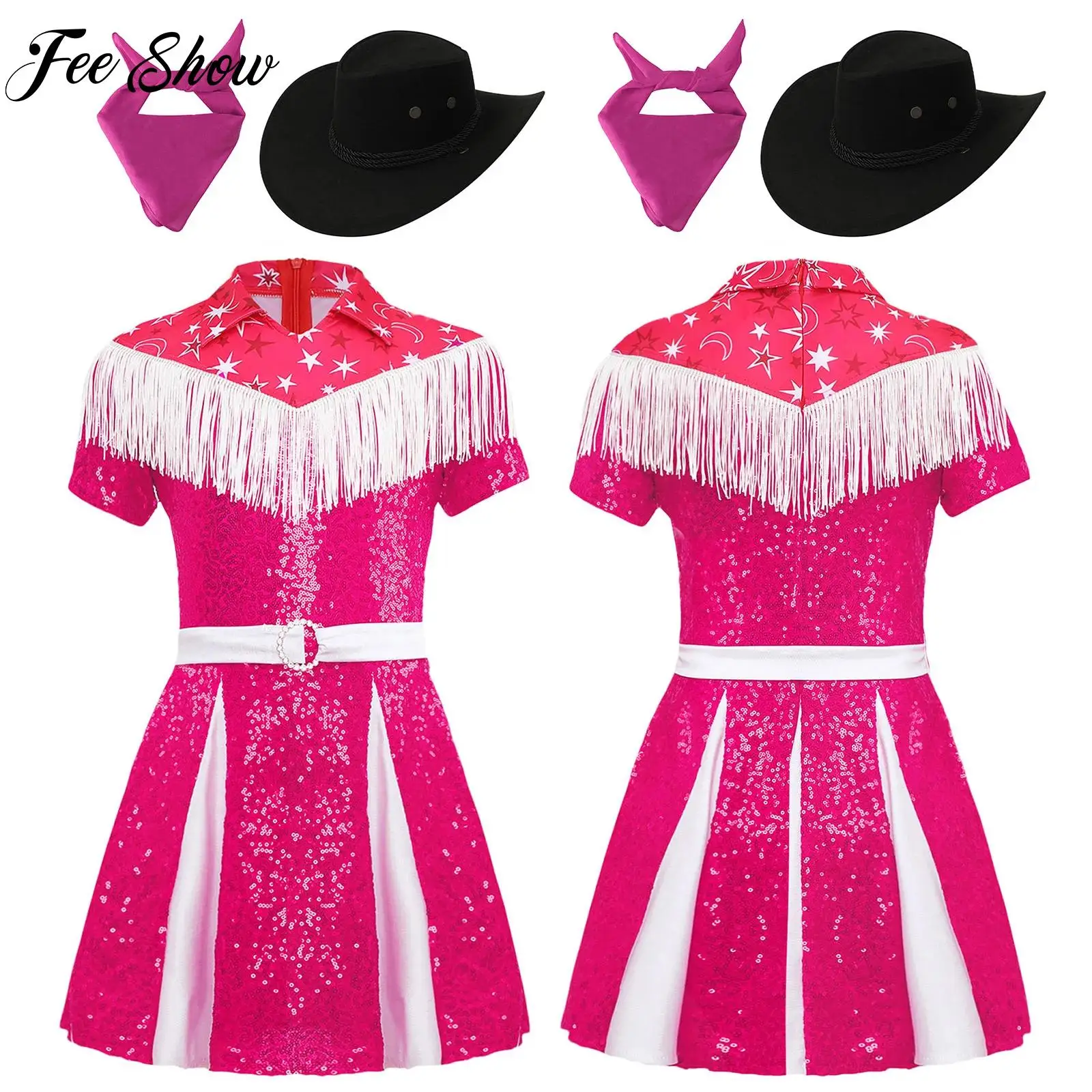 

Children's Western Cowgirl Cosplay Costume 3 Pcs Girls Sequins Dress with Cowboy Hat And Bandanna for Halloween Dress Up Party