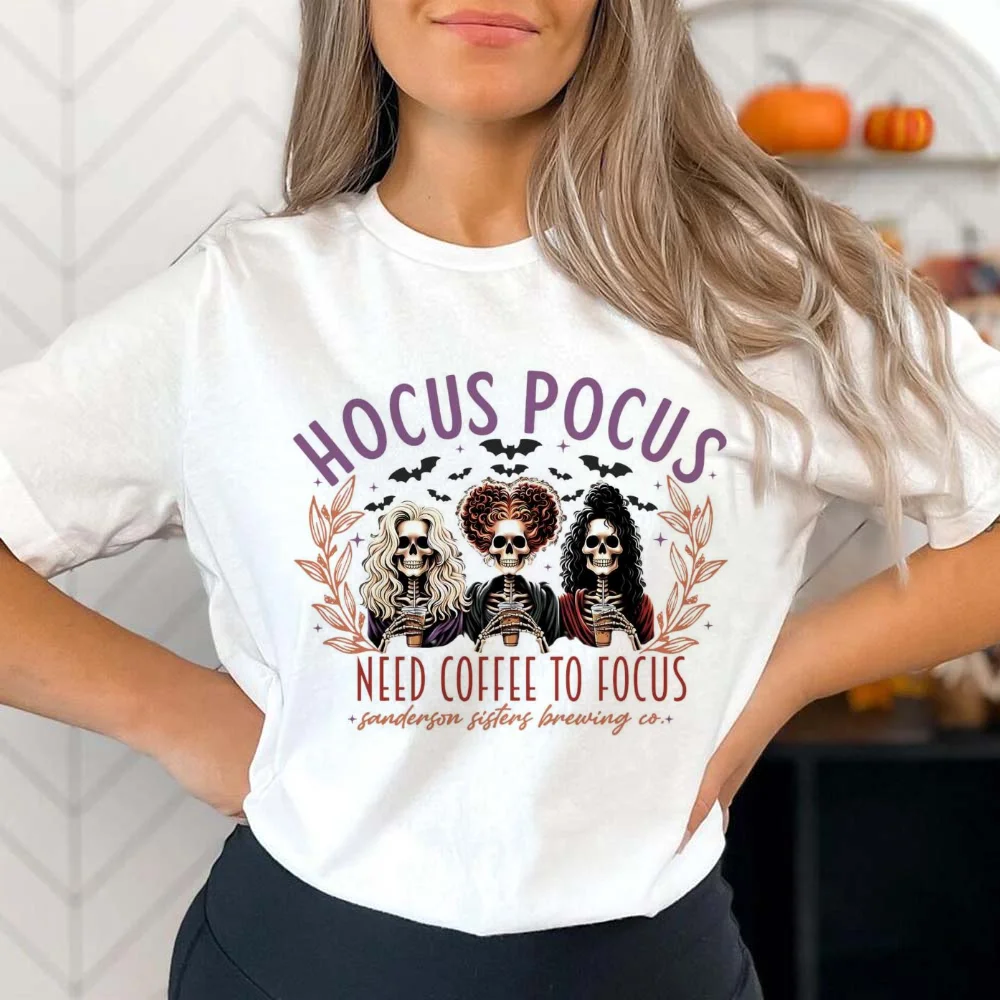 Hocus Pocus I Need Coffee To Focus T-Shirt Printed Pattern Fashion New Year Holiday Short Sleeve Women\'s O-Neck Top Retro T-Shir