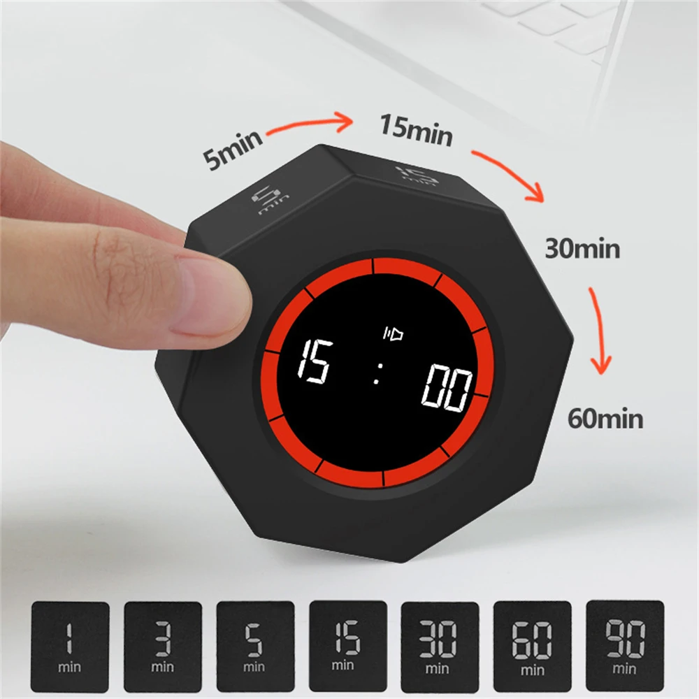 

Multi-Hexagon Cube Timer Gravity Sensor Digital Timer with LED Screen Sound Alarm Silent Operation 1/5/15/30/60/90 Minutes