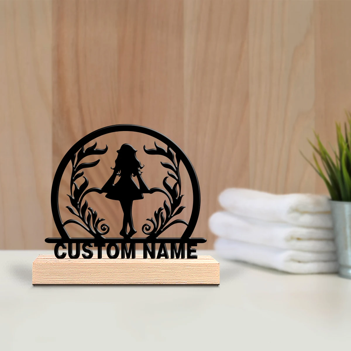 1pc Minimalist Wild Grass Fairy Personalized Name Iron Statue Metal Ornament Iron Sculpture With Wood Base Art Figurine