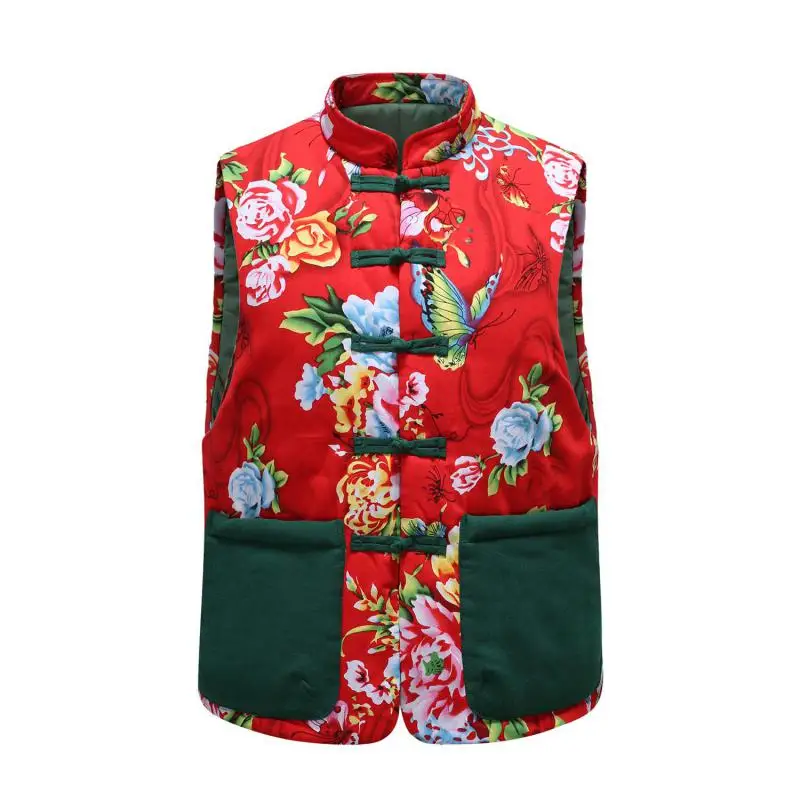 Men's M-XXXL Winter Fleece Vest Sleeveless Jacket Red Floral Butterfly Pattern Warm Padded Streetwear for Cold Weather