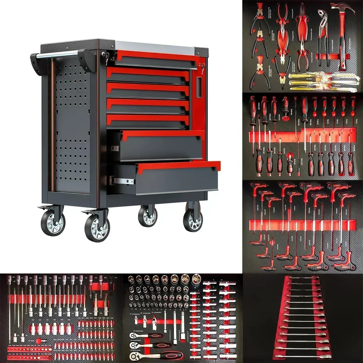 7 Drawers Garage Storage 200-421Pcs Tool Sets Box Chest Workshop Trolley Cabinet for Auto Repair Tools Packaging Home Use