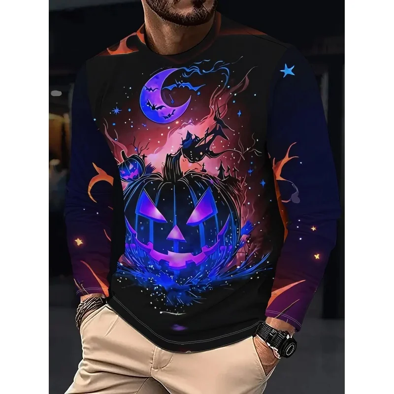 Men's Long Sleeve T‑Shirt Glowing Pumpkin Witch Moon Star Bat Print Crew Neck Gothic Halloween Casual Streetwear Top