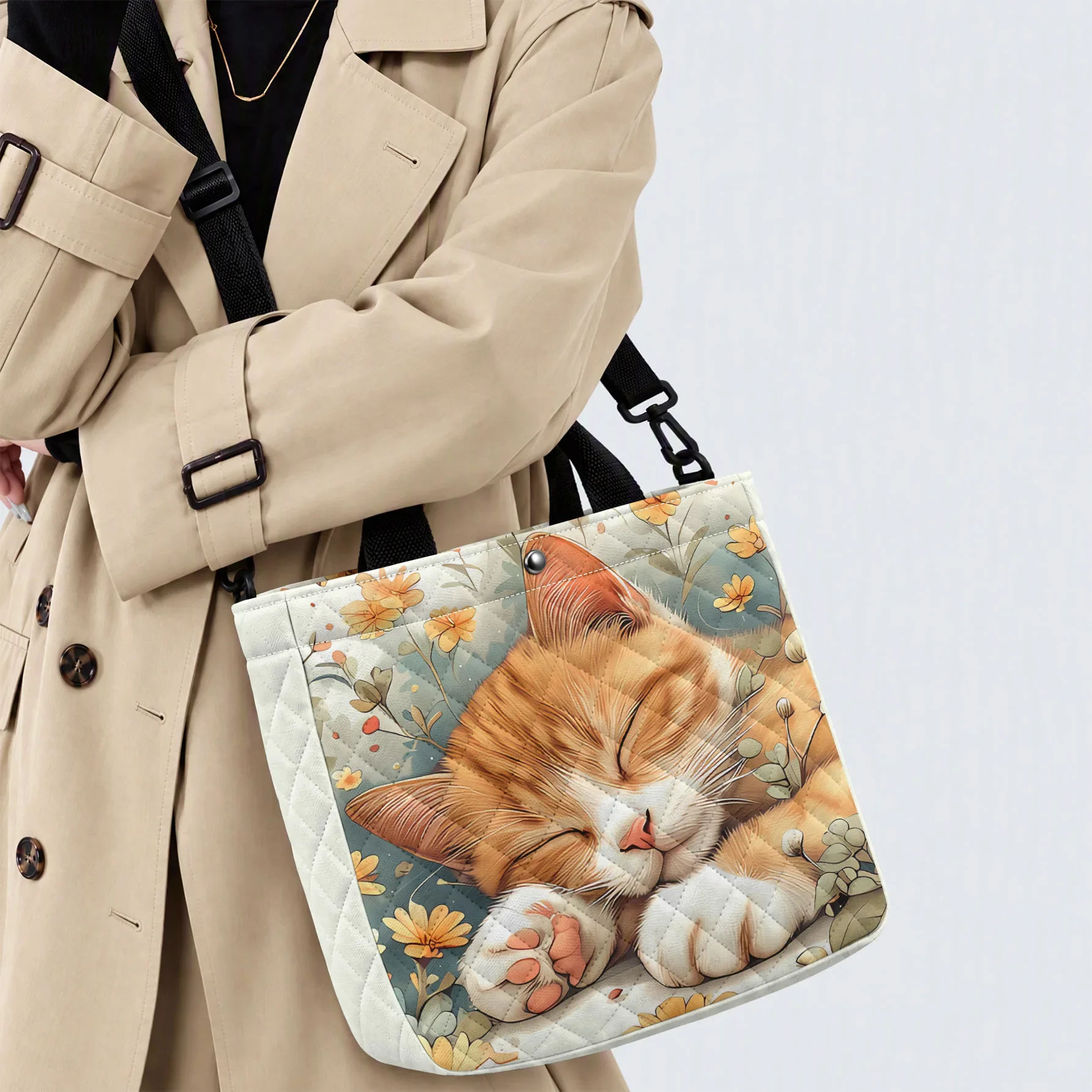 Sleeping Orange Cat Floral Quilted Tote Bag, Removable Crossbody Strap Handbag For Commuting, Shopping And Daily Use