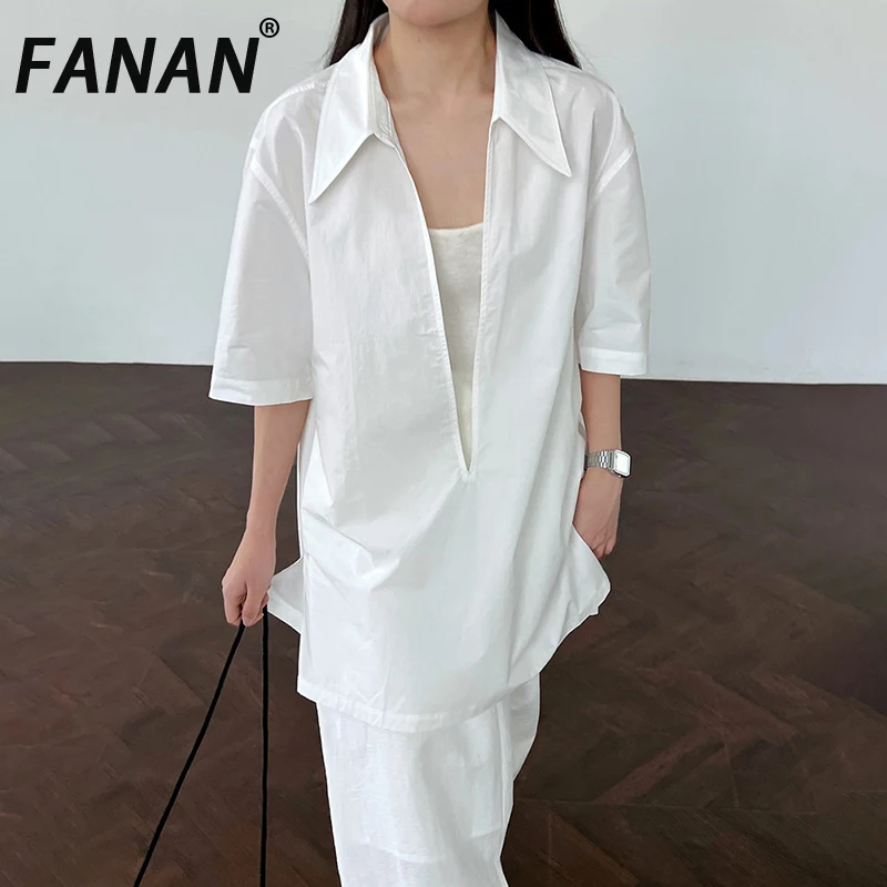 

FANAN Fashion Pullover Shirts For Women Solid Lapel Shorts Sleeve Casual Loose Blouses Female Tops Minimalism 2025 Summer New