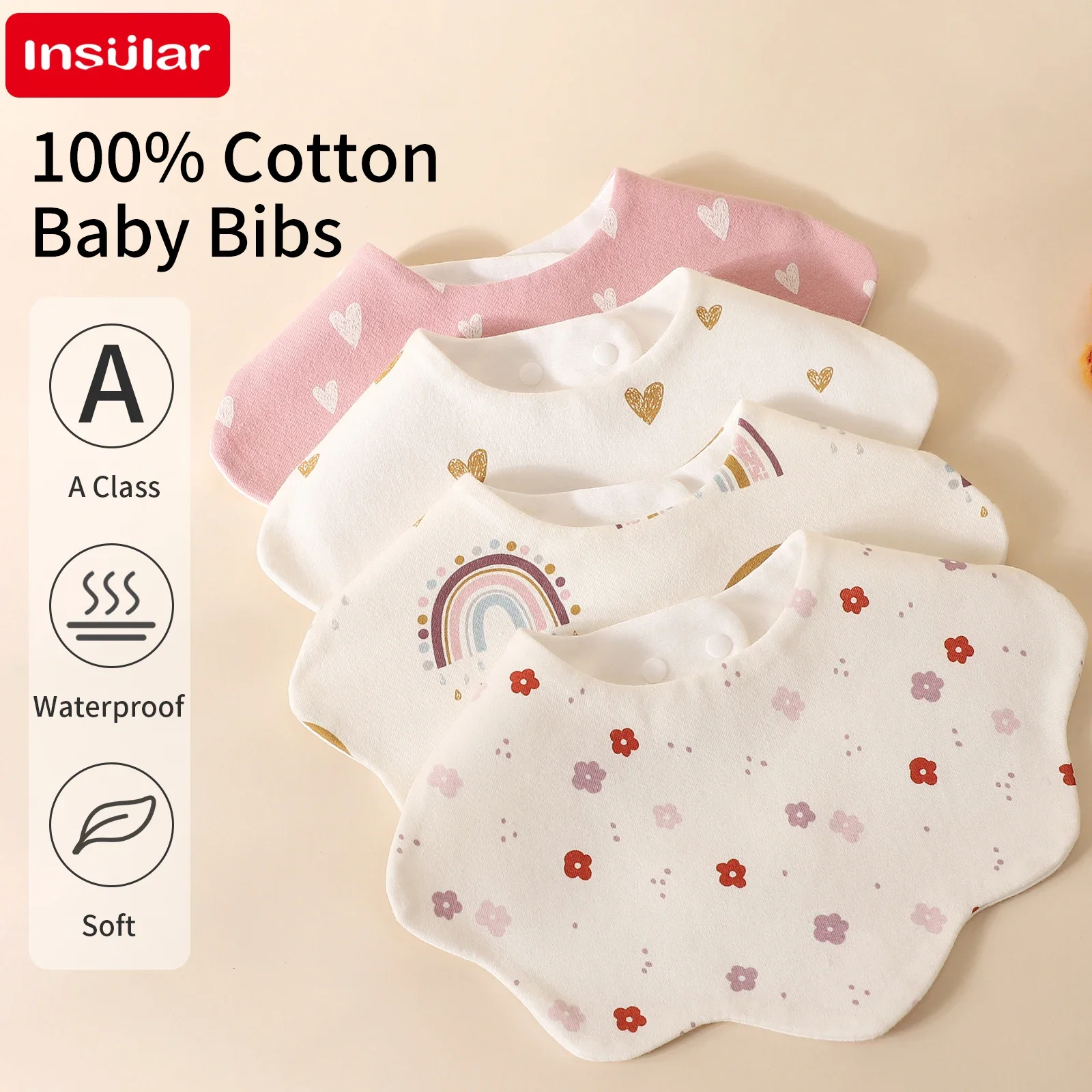 INSULAR Baby Bibs 100% Cotton Kids Drool Towels Skin-friendly Petal Type Children Eating Puke Milk Rice Pocket Waterproof 0-3Y