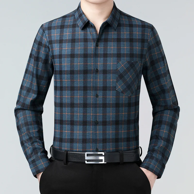 Long-sleeved Shirt Men's Autumn Business Casual Plaid Pocket Shirt