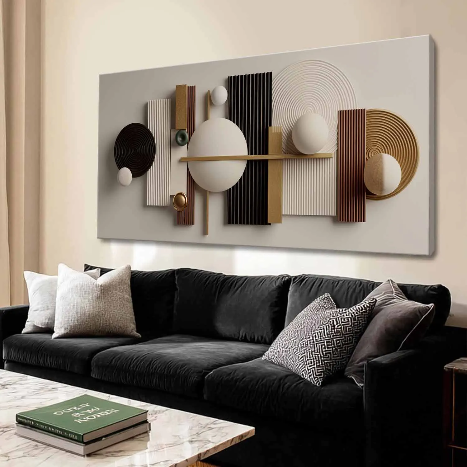 Modern Abstract Geometric Wall Art,Beige Brown 3D-Look Spheres Striped Relief Gallery Wrapped Canvas Print With Frame, Can Be Hung Directly, Suitable For Living Room Bedroom Office Home Decoration, Cuadros Para Sala
