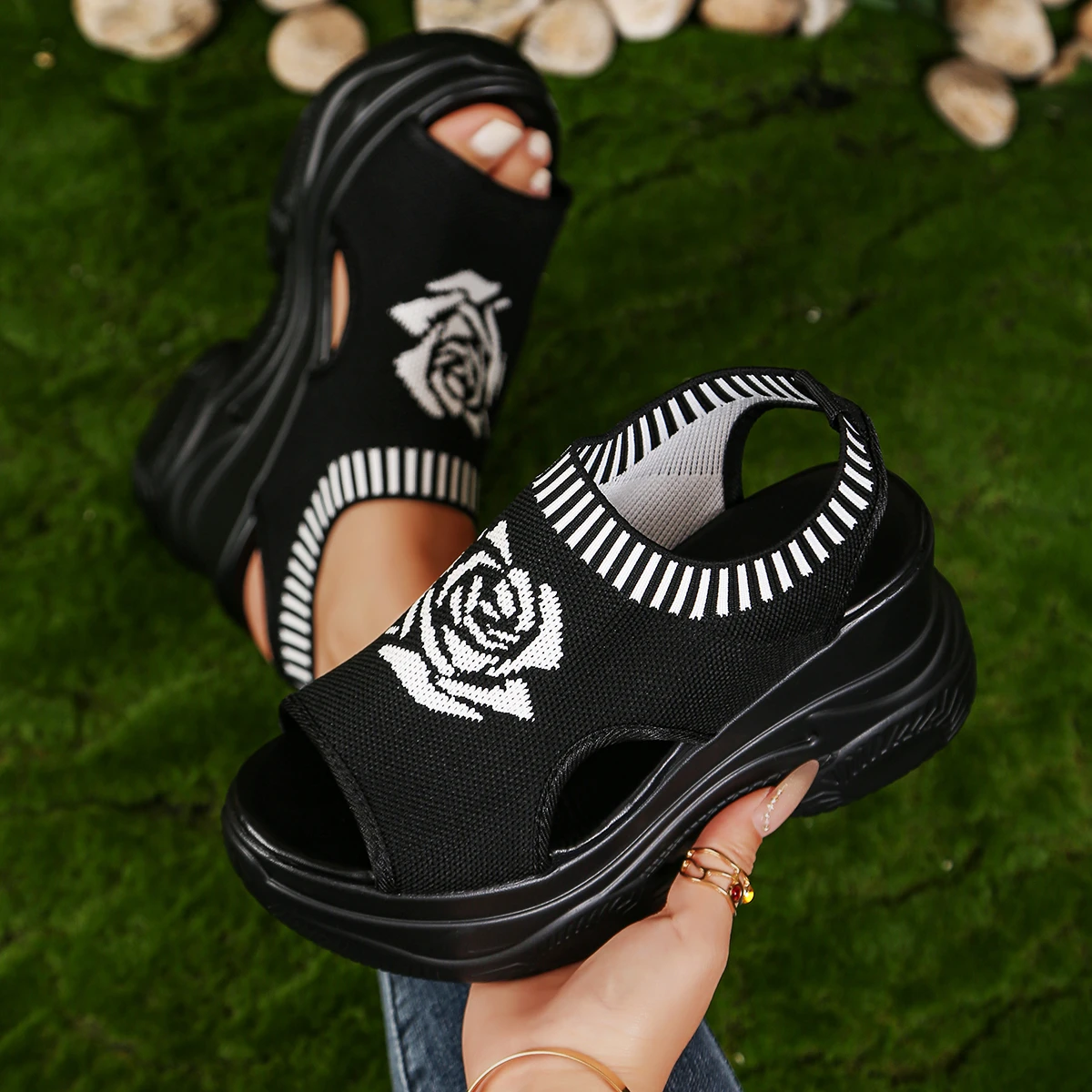 Women Sandals with Slope Heel Elastic Cloth Cover Shoes 2025 New Trend Fish Mouth Women Sandals Thick Bottom Casual Women Shoes