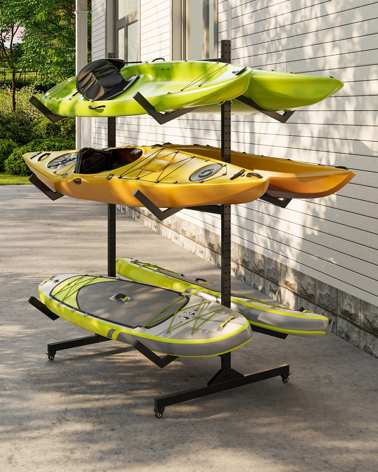 

Freestanding Kayak Storage Rack with Movable Wheels, Heavy Duty Multi-Layers Storage Wide Stand for Kayak Canoe Surfboard, Ideal for Indoor Outdoor Garage Boathouse Use