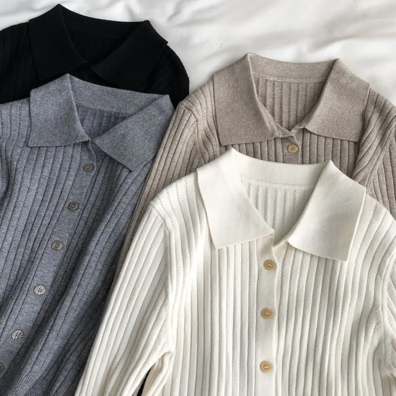 High Quality Knit Cardigan Women Korean Fashion Turndown Collar Buttons Up Sweaters Solid Casual Long Sleeve Knitwear 5