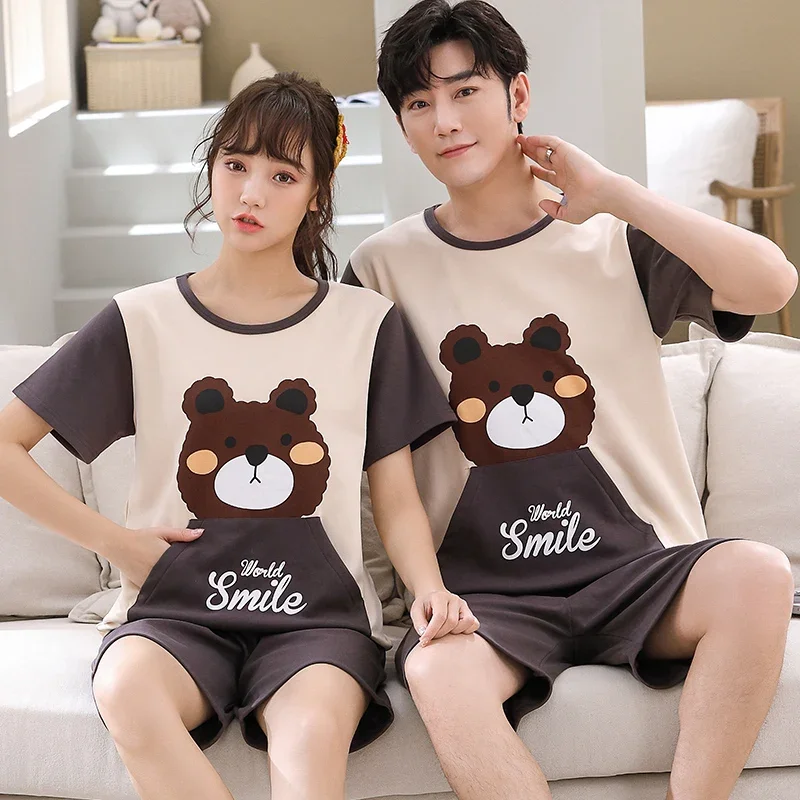 Summer New Knitted Cotton Couple Cartoon Men\'s Pyjamas Red Pajamas Set Casual Male Sleepwear Pyjamas Night Pijamas 4XL Homewear